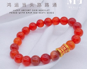24k 999 Pure Gold Lucky Ancient Coin Paired With 8mm Red Agate Beads Bracelet
