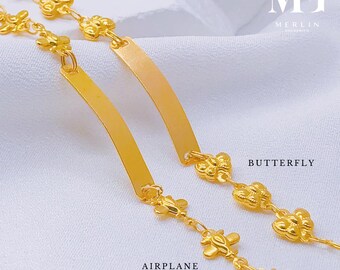 22k 916 Gold Kids ID Bracelet with Dangling Bell (Airplane / Butterfly)