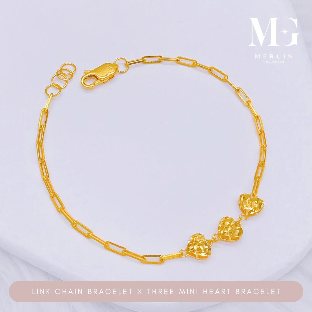 22K 916 Gold Link Chain X Three Mini Glittering Heart Bracelet - Etsy