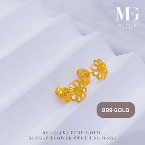 Aretes de flor brillante de oro 999 de 24 quilates