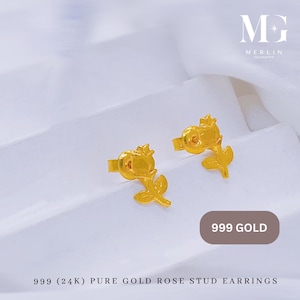 Aretes tipo botón de rosa en oro 999 de 24 quilates
