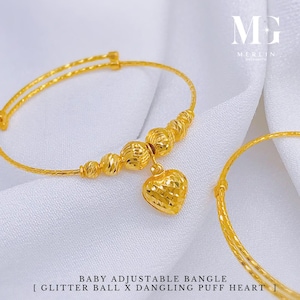 22k 916 Gold Baby Adjustable Bangle (Glitter Ball x Dangling Puff Heart)