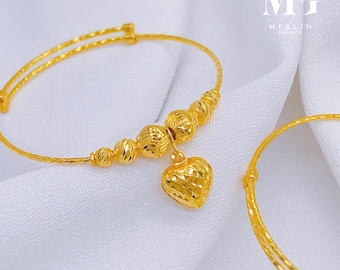 22k 916 Gold Baby Adjustable Bangle (Glitter Ball x Dangling Puff Heart)