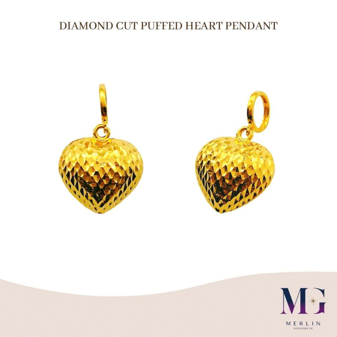 22k 916 Gold Diamond Cut Puffed Heart Pendant Etsy