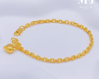 【新品未使用】HYEON heart bracelet / gold 14K Yellow Gold Heart Link Bracelet 7.25 inch long Circa