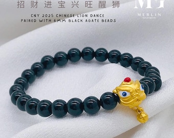 24k 999 Pure Gold Chinese Lion Dance Paired With 6mm Black Agate Beads Bracelet