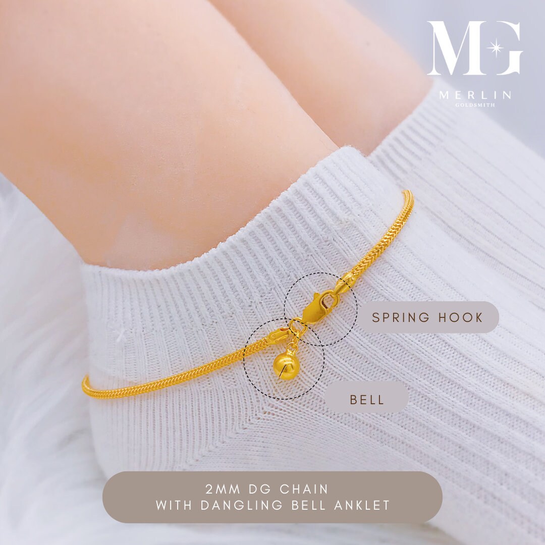 22k 916 Gold 2mm DG Chain Anklet With Dangling Bell Etsy