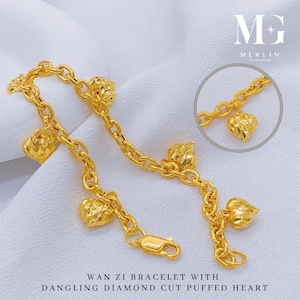 22k 916 Gold Wan Zi Bracelet With Dangling Diamond Cut Puffed Heart