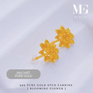 Aretes de flor floreciente de oro 999 de 24 quilates
