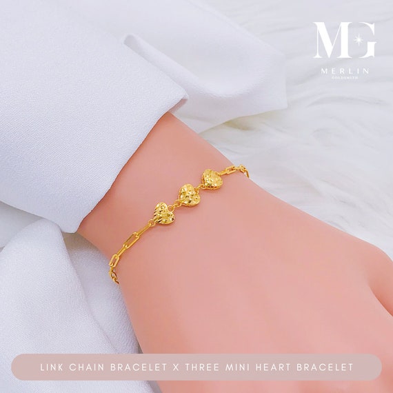 22K 916 Gold Link Chain X Three Mini Glittering Heart Bracelet - Etsy