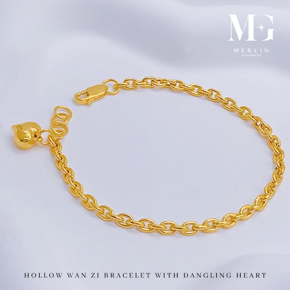 22k 916 Gold Hollow Wan Zi Bracelet With Dangling Heart - Etsy