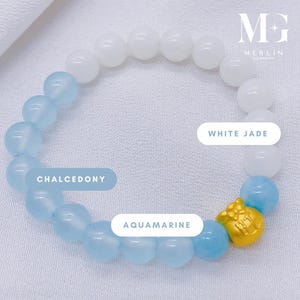 Portamonete Fortune "ONG" in oro puro 24k 999 abbinato a un bracciale in calcedonio da 8 mm e perle di giada bianca da 8 mm