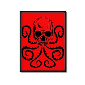 Puede incluir: Una ilustración en blanco y negro de una calavera con tentáculos sobre un fondo rojo. La calavera tiene una expresión amenazante y los tentáculos están enroscados a su alrededor.