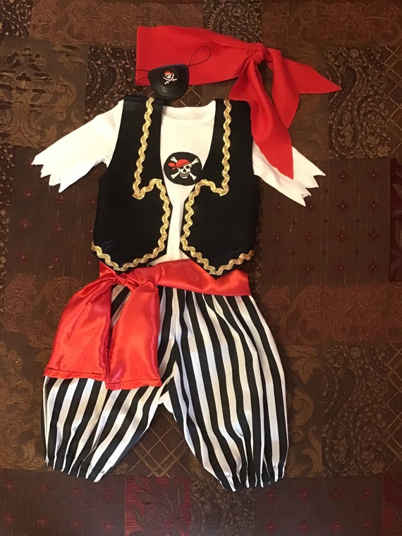 Disfraz De Pirata Para Niños Talla S (3-5 Años) – Set De 5 Piezas Con Camisa, Pantalón, Cinturón, Parche Y Banda, Color Negro/Rojo/Blanco