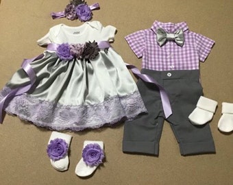 Twins Take Home Outfit: Gray & Lavender Newborn Matching Set (7 Pieces)