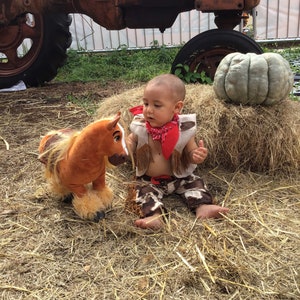May include: A young child dressed in a cowboy costume sits on a bale of hay with a brown plush horse toy. The child is wearing a red bandana, a brown vest, and jeans with a cowboy print. The child is looking at the horse toy.
