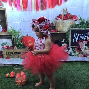 Berry Sweet First Birthday Outfit: Strawberry Tutu, Halter Top & Hat (3 PIECES)