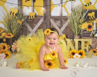 Sunflower Baby Outfit: Tutu, Headband, Crop Top & Sandals
