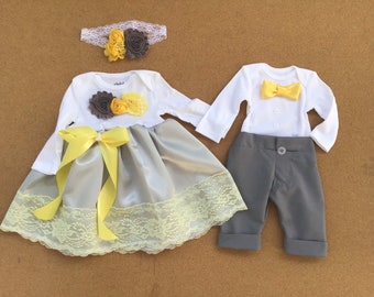 Newborn Twins Outfit: Gray & Yellow Matching Clothes, 6-Piece Set