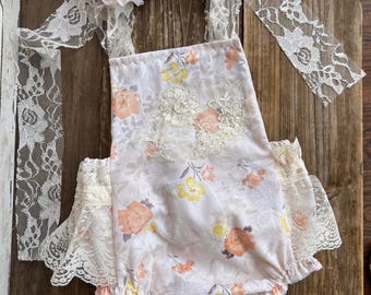 Vintage Floral Baby Romper with Lace Headband: Cake Smash Outfit