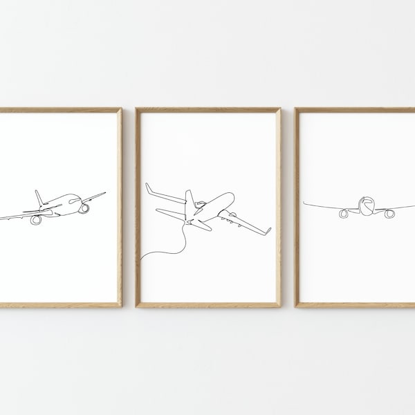 Set of 3 Airplane Aviation One Line Drawing Wall Art