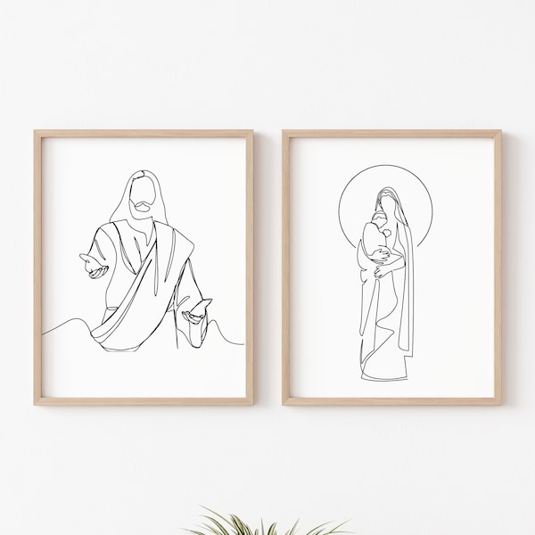 Set of 2 Jesus, Virgin Mary LDS Christian Line Artwork Wall Print