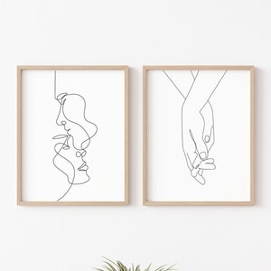 Set of 2 Couple Face One Line Drawing Wall Art Print