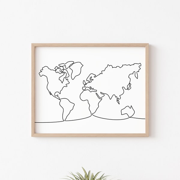 World Map One Line Drawing Wall Art