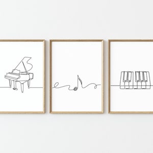 Set of 3 Piano Music One Line Drawing Wall Art Decor Poster