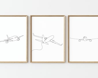 Set of 3 Airplane Aviation One Line Drawing Wall Art