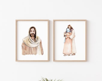 Set of 2 Jesus Portrait Christian Painting Wall Art Print