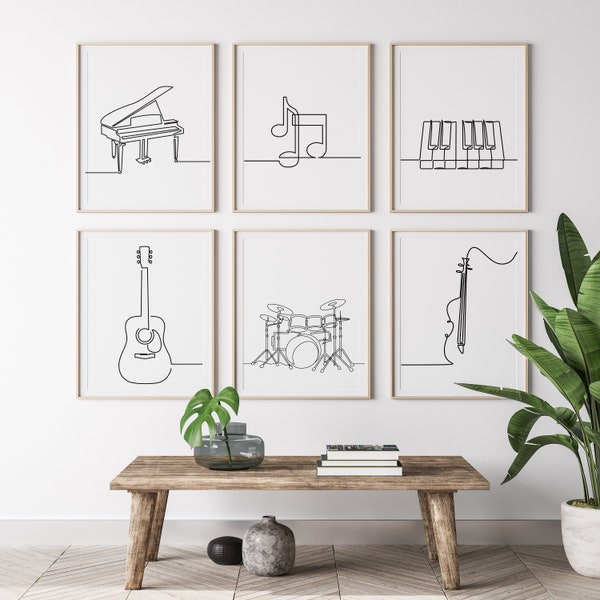 Set of 6 Piano Music One Line Drawing Wall Art Decor Poster