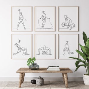 Set of 6 Fitness Gym Decor One Line Wall Art Poster