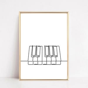 Set of six minimalist one-line digital drawings of pianos, each showcasing unique designs with smooth, continuous lines, ideal for modern music-themed wall art decor.