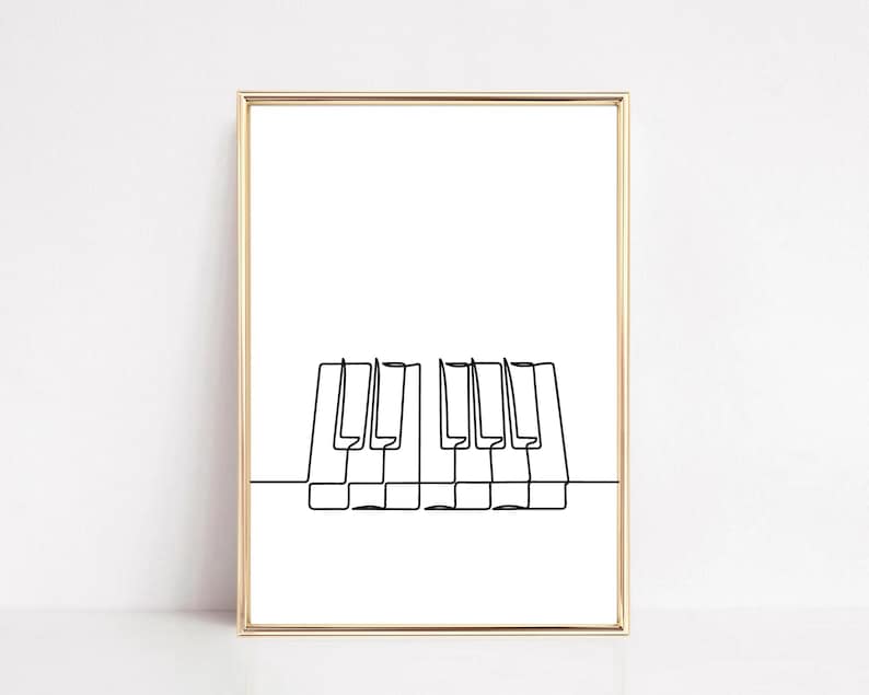 Set of six minimalist one-line digital drawings of pianos, each showcasing unique designs with smooth, continuous lines, ideal for modern music-themed wall art decor.