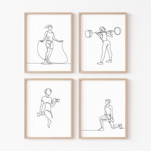 Set of 4 Fitness Gym Decor One Line Wall Art Poster