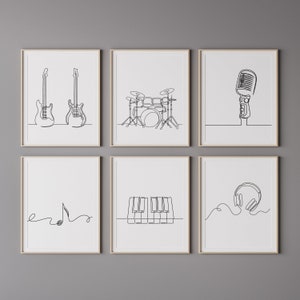 Set of six minimalist one-line digital drawings of pianos, each showcasing unique designs with smooth, continuous lines, ideal for modern music-themed wall art decor.