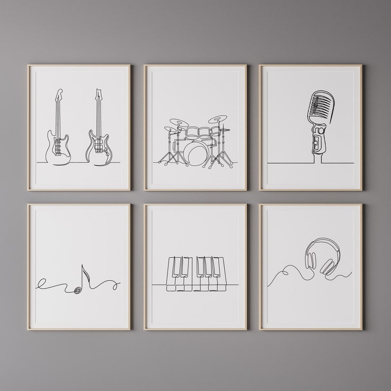 Set of six minimalist one-line digital drawings of pianos, each showcasing unique designs with smooth, continuous lines, ideal for modern music-themed wall art decor.
