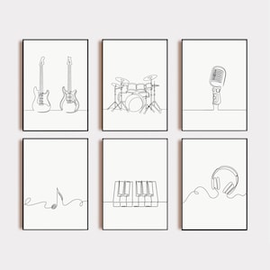 Set of 6 Piano Music One Line Drawing Wall Art Decor Poster