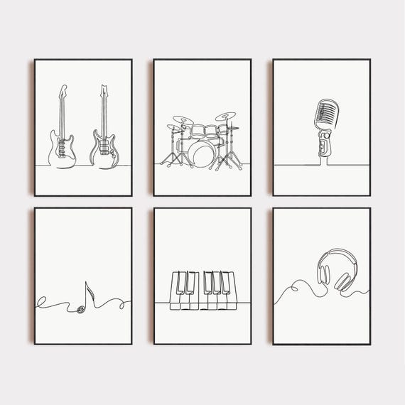 Set of 6 Piano Music One Line Drawing Wall Art Decor Poster