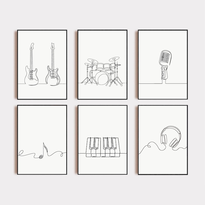 Set of six minimalist one-line digital drawings of pianos, each showcasing unique designs with smooth, continuous lines, ideal for modern music-themed wall art decor.