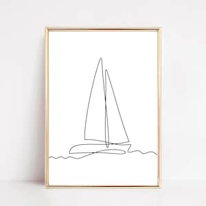May include: A black and white line drawing of a sailboat on a white background. The sailboat is drawn in a simple, minimalist style.