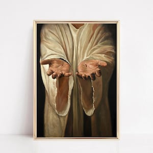 Gravur auf seinen Händen: Ein christlicher Kunstdruck mit einem Porträt von Jesus Christus und seiner Nagelhand - ideal für das Dekor auf der Kirche