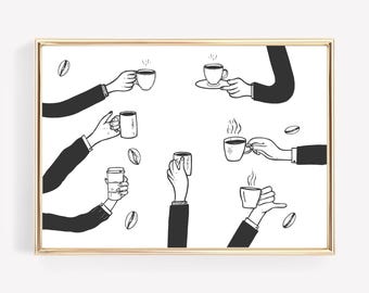 Coffee Sketch Art Print: Hands Holding Cups (Digital Download)
