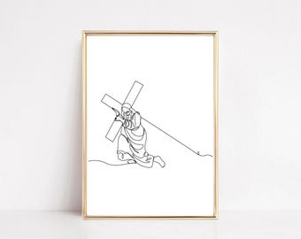 Jesus Crucifixion Portrait LDS Christian Line Art Wall Print