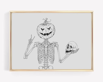 Konsttryck med skelett som håller pumpa: Häxig Halloweendekoration (digital nedladdning)