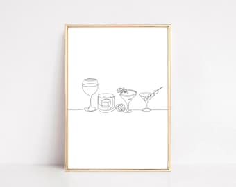Drinks Bar Cart Wall Decor Cocktail Line Art Print