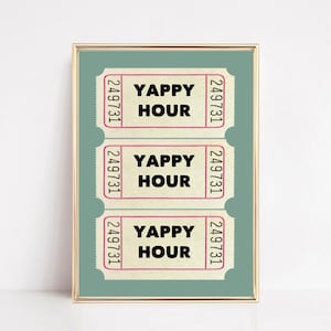 Salie groen Yappy Hour ticket poster, barwagen kunst, cocktailprint, dopamine decor, cheers print, trendy muurkunst, ticket kunst aan de muur