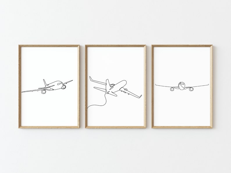 Set of 3 Airplane Aviation One Line Drawing Wall Art
