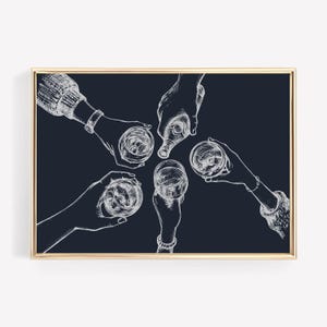 Donkerblauwe cheers-print - barwagenkunst, cocktailmuurkunst, martini-afdruk, barwagendecoratie, trendy muurkunst, cocktailposter, barwagenbord